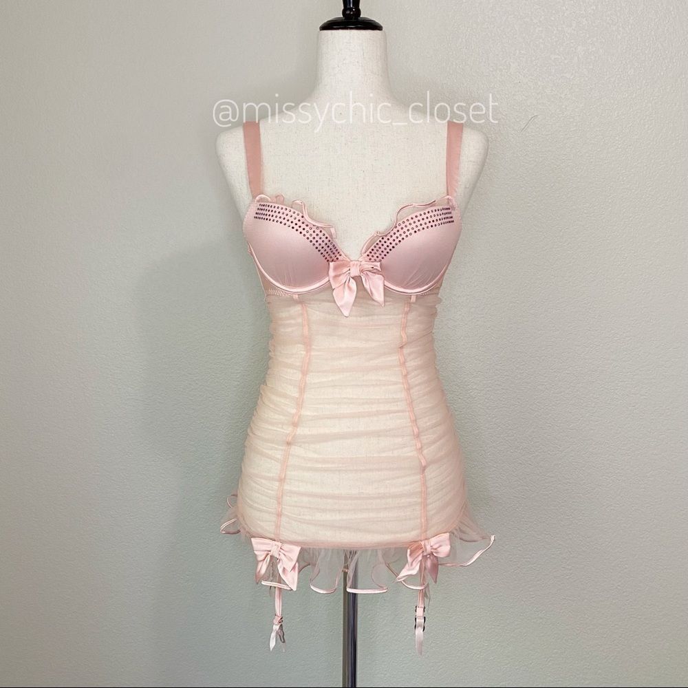 COPY - NWOT Victoria’s Secret 34B Pink Mesh Rhinestone Embellished Lingerie - Picture 2 of 11